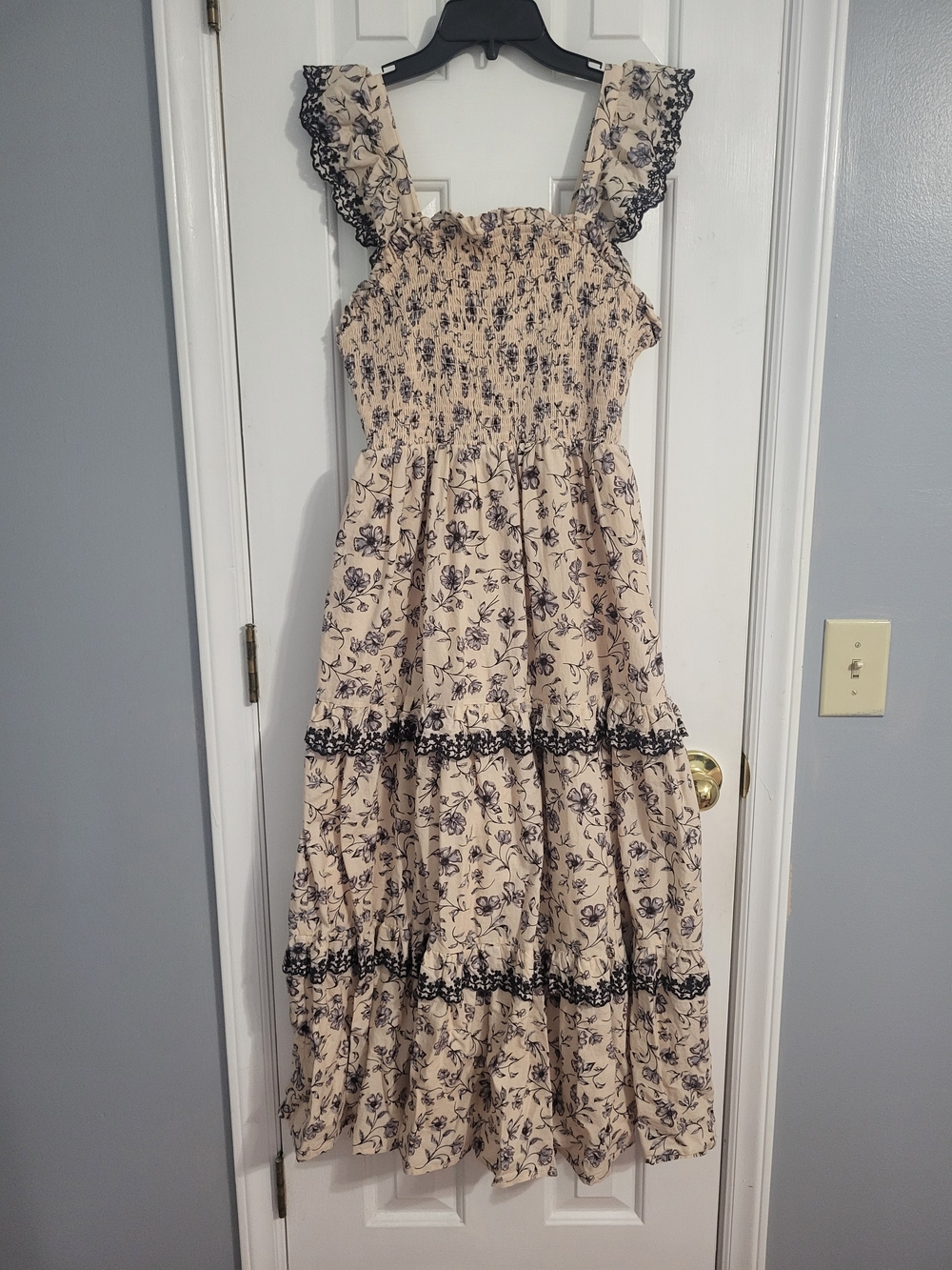 Haute Hippie Cream and Navy Floral Maxi Dress with Smocked Detail